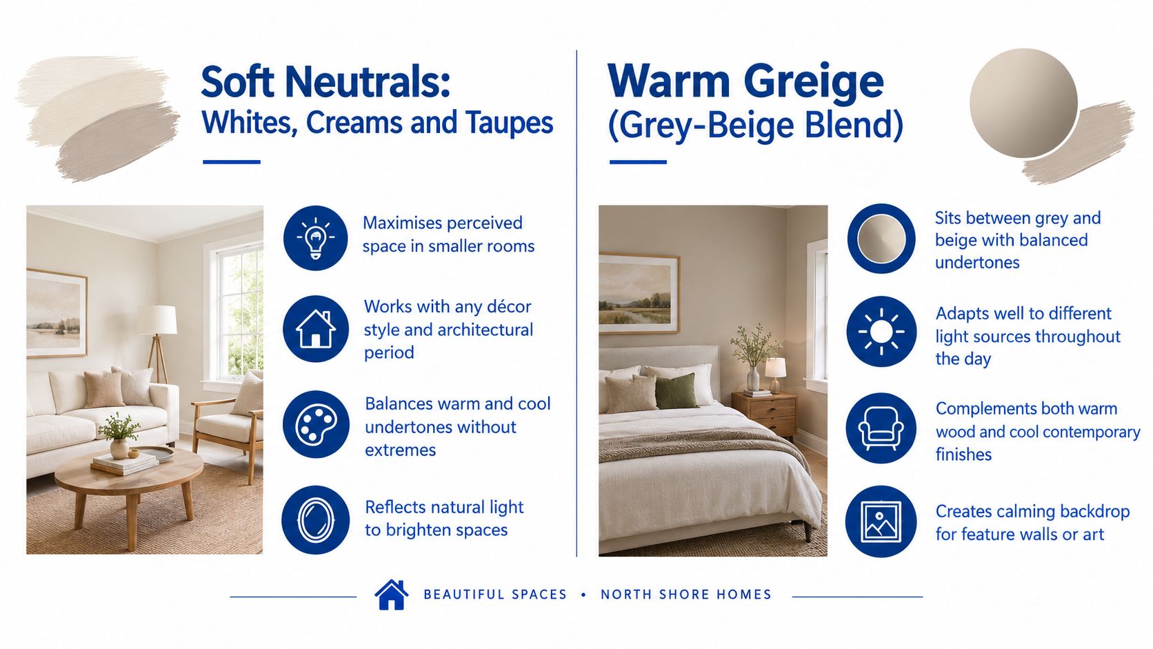 A comparison infographic showing interior design advice for choosing between soft neutral tones and warm greige paint.