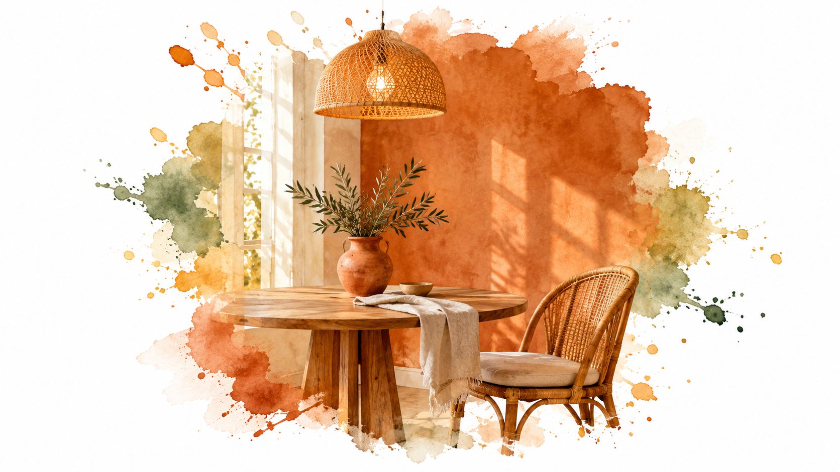 A warm, sunlit dining area with a round wooden table, a rattan chair, and rustic orange walls.