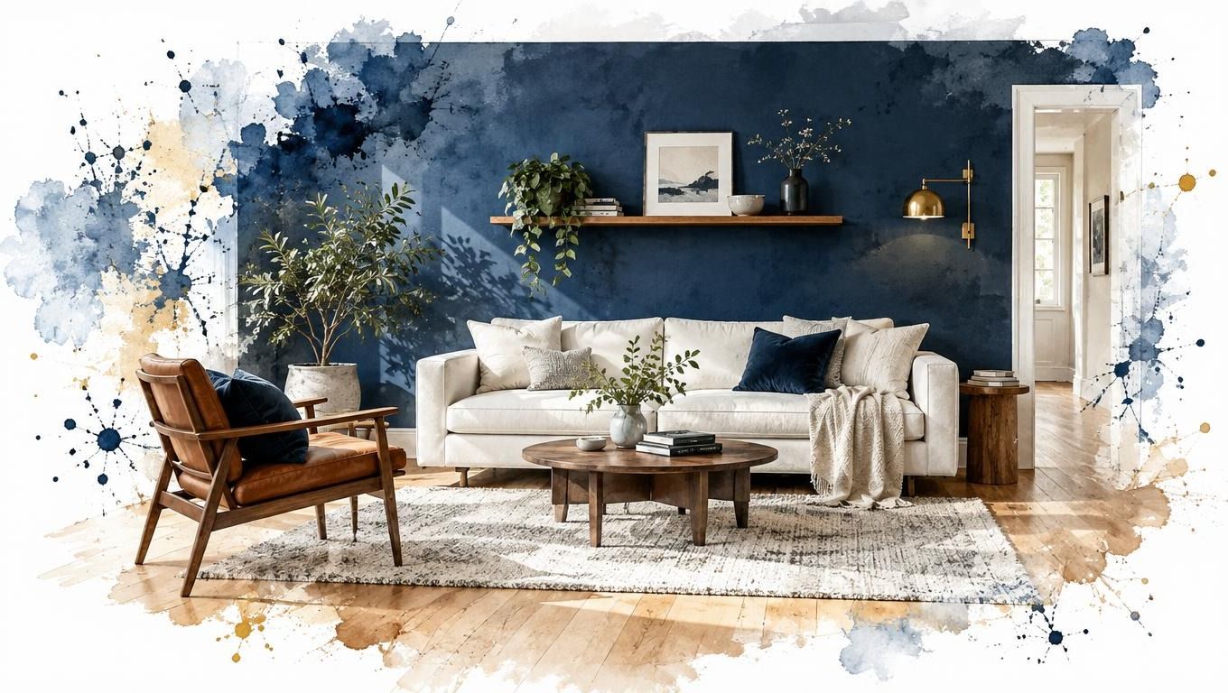 A stylish living room featuring a navy blue accent wall, comfortable cream sofa, and mid-century wooden chair.