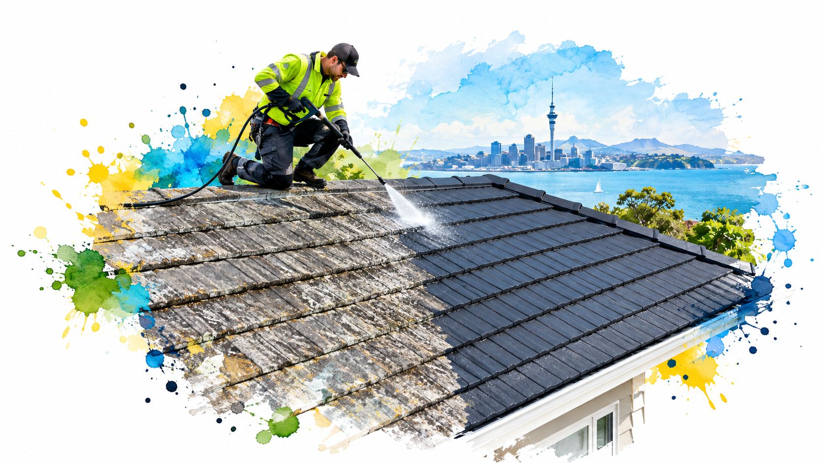 A professional technician power washing a dirty tiled roof with a view of a city skyline background.