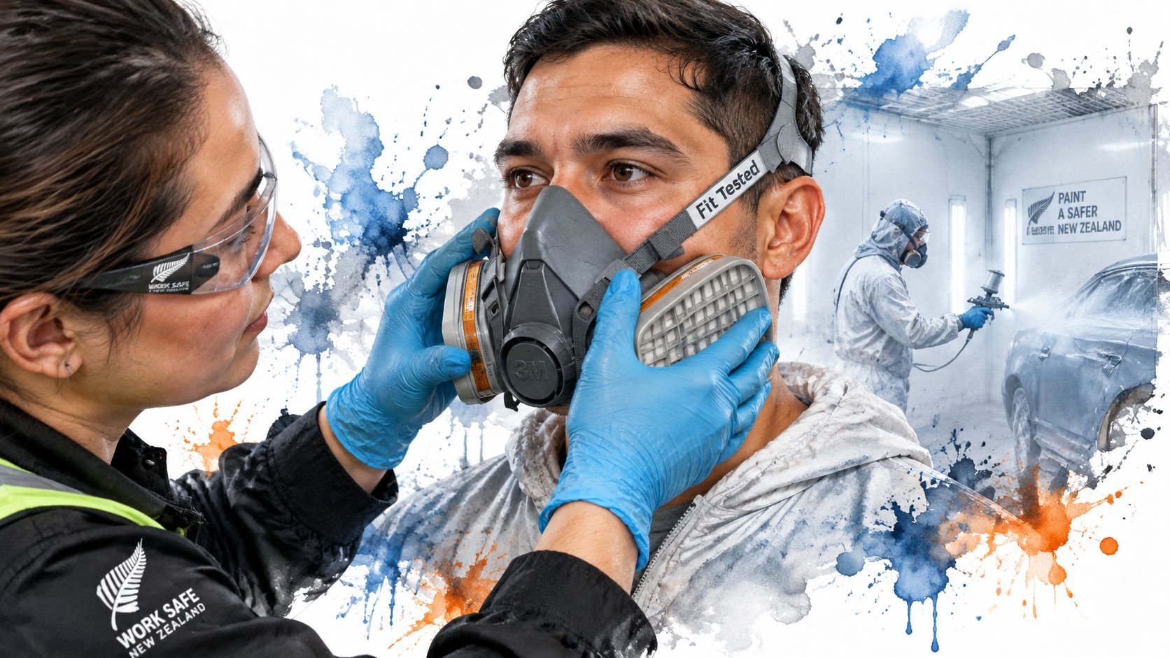A safety professional fitting a 3M respirator mask on a worker in a professional spray painting facility.