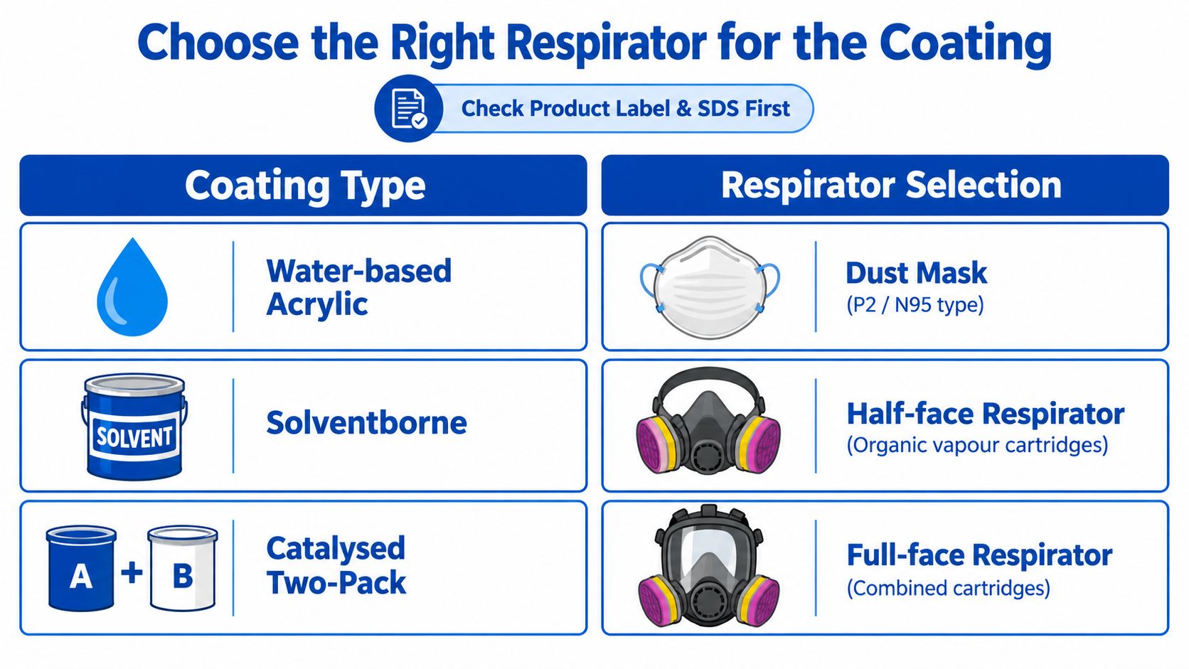 A chart showing which respirator mask to use for water-based, solventborne, and catalysed two-pack paint coatings.
