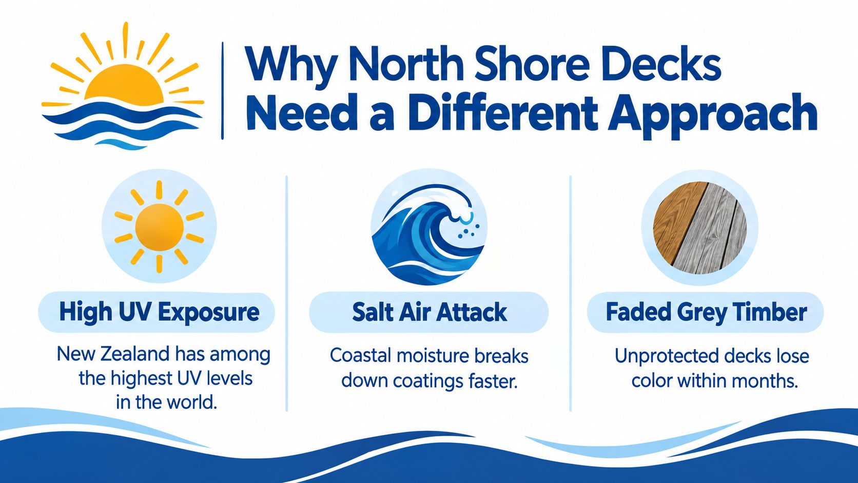 An infographic showing why North Shore decks need protection from high UV exposure and salt air.