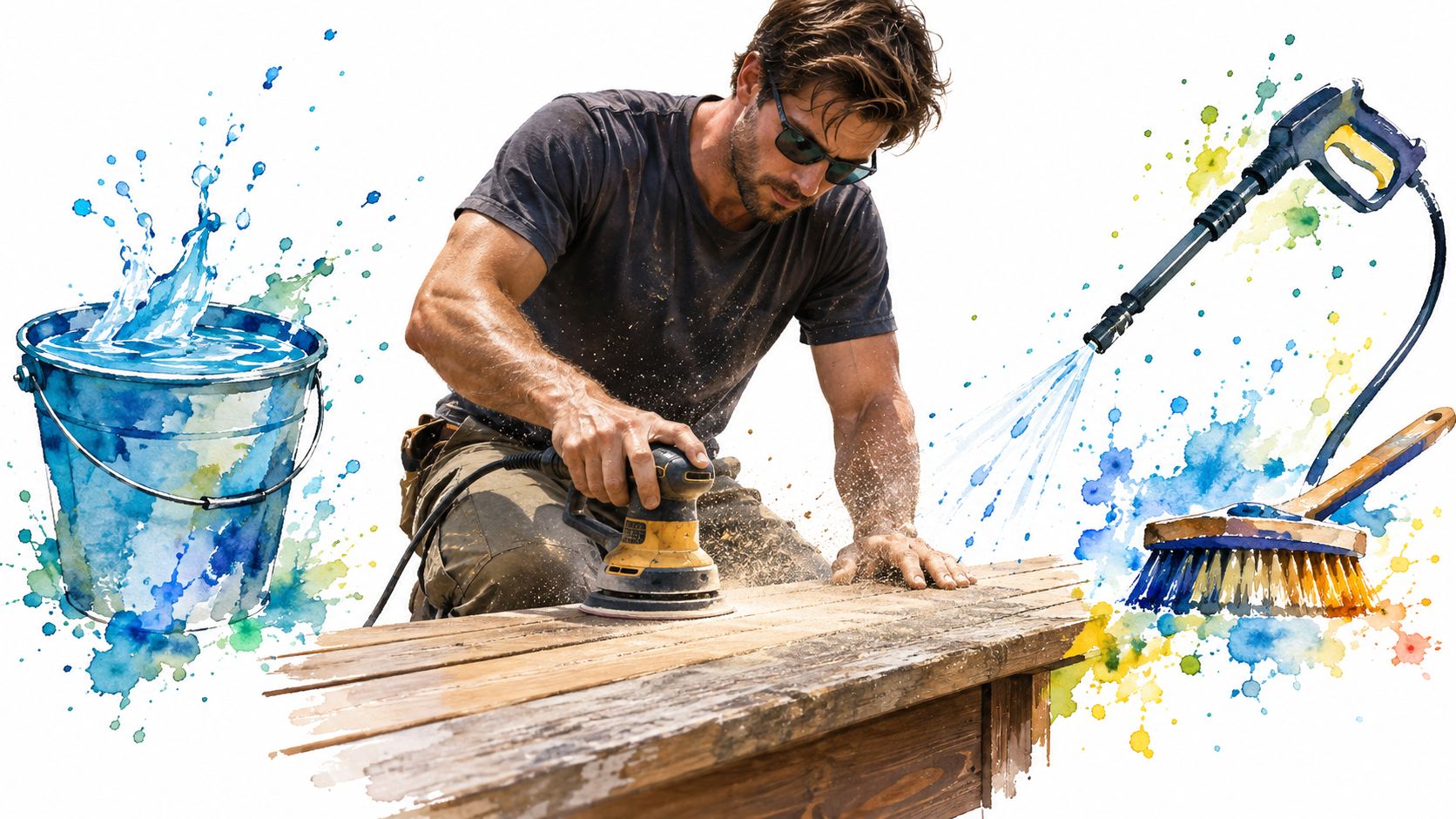 A professional worker using an electric sander to smooth a wooden deck board outdoors with cleaning equipment.