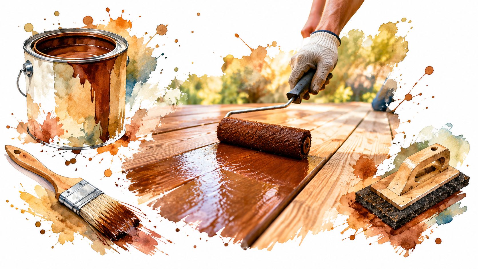 A gloved hand uses a paint roller to apply stain to a wooden deck with painting supplies nearby.